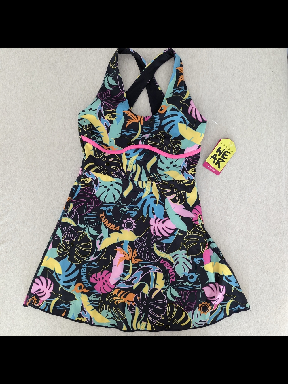 NWT Zumba Palm Party Bodysuit Skort Dress Tropical Palm Party Pattern XSmall